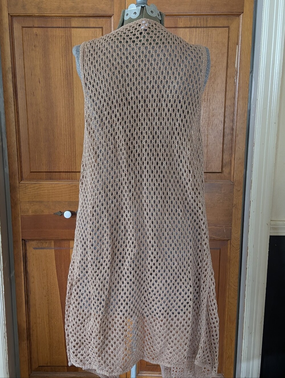 Open Knit Sleeveless Duster Vest - Beige - Picture 3 of 4